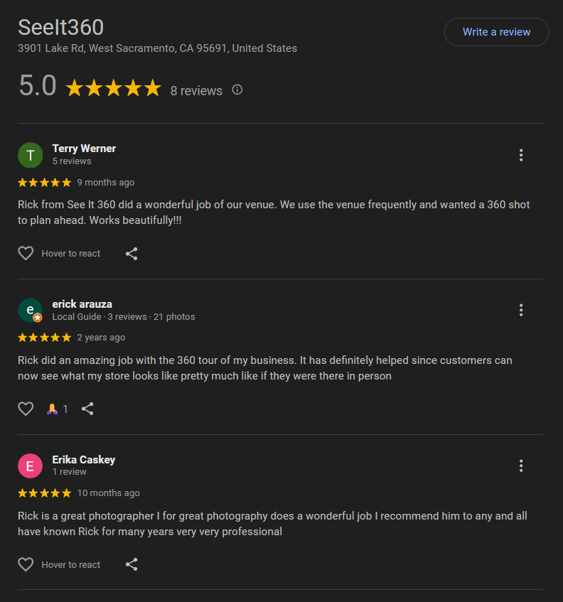 User reviews with a 5-star rating for Seed360, highlighting excellent service and communication.