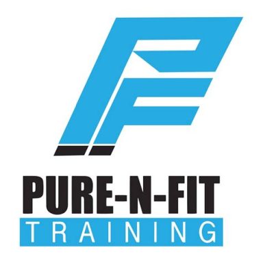 Logo for Pure-N-Fit Training, featuring stylized letters "P" and "F" in blue and black.
