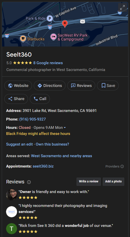 Map view of a business location with contact details and customer reviews.