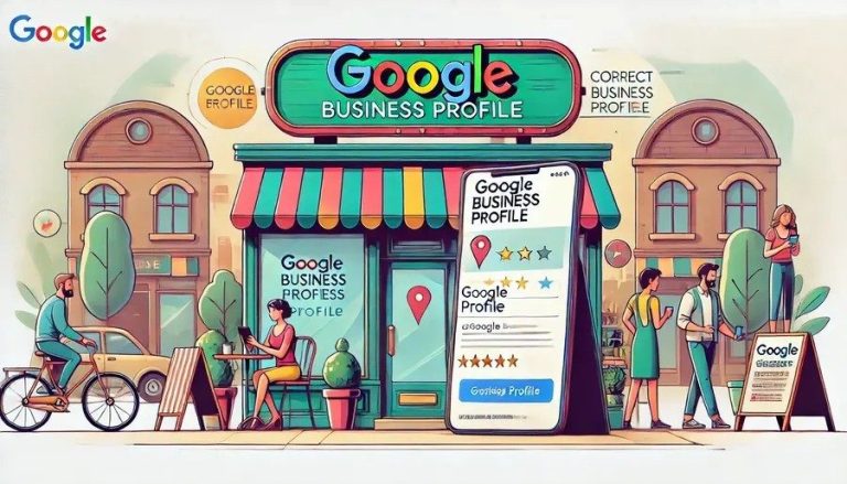 Colorful illustration of a storefront with Google Business Profile details and people interacting.